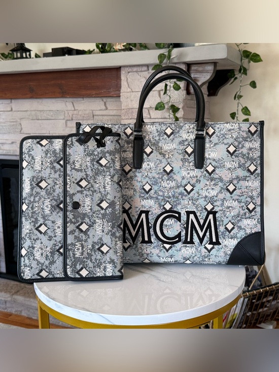 MCM Handbags - MCM Large Logo Monogram Tote in Gray and Black